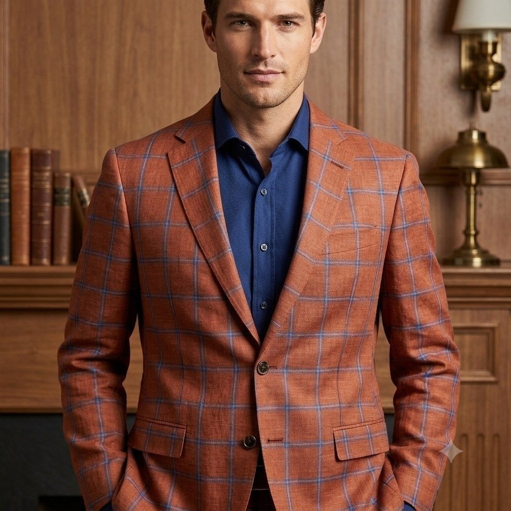 Loro Piana Summertime Blazer Men 42R Orange Plaid Silk Linen Wool Unlined Italy
